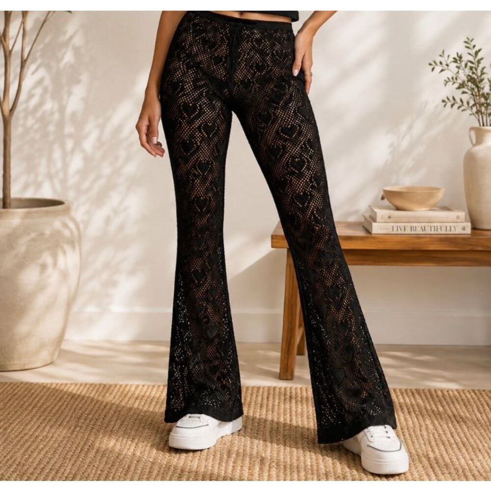 I.AM.GIA Black Crochet Mesh Flare Pants Y2K Festival Cover Up Size M